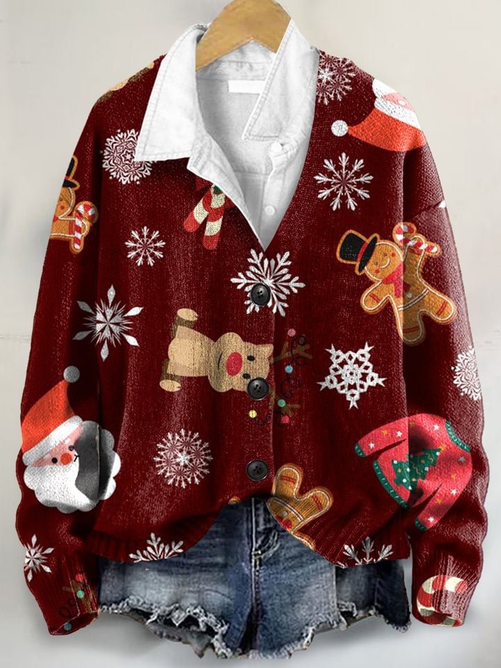 Cute Christmas Pattern Art Print Buttoned V-neck Cardigan Sweater