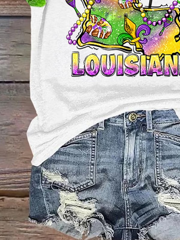 Retro Louisiana Mardi Gras Mask Beads King Cake Print T-Shirt