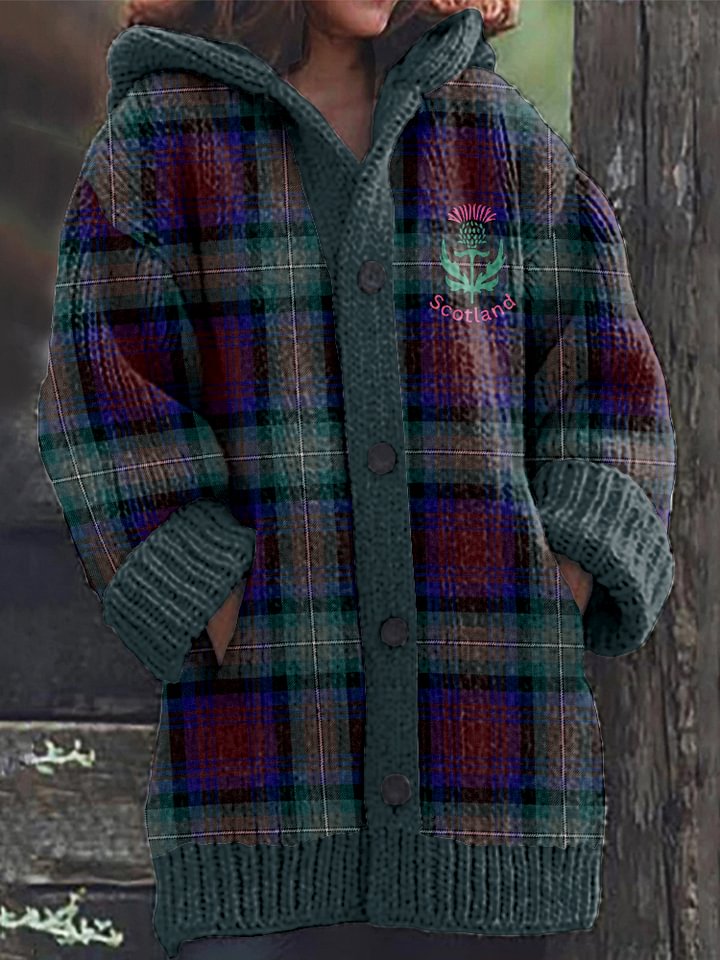 Vintage Plaid Scotland Thistle Knit Hooded Sweater Cardigan