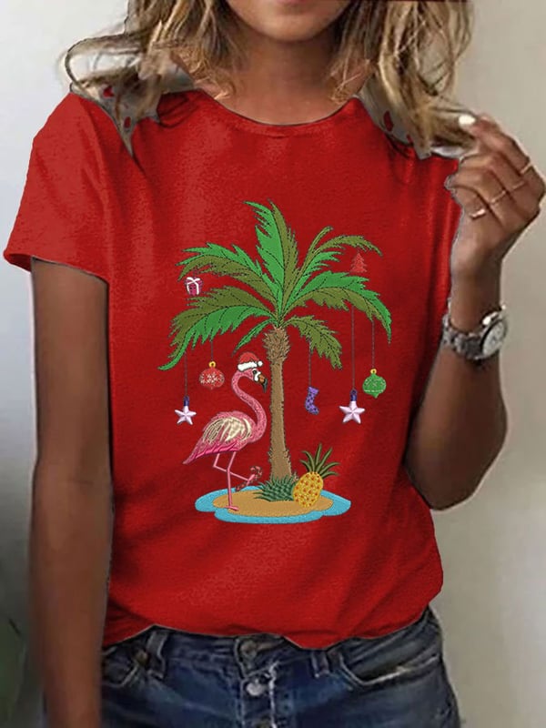 Women'S Christmas Palm Tree Flamingo Embroidery Print Casual Round Neck T-Shirt