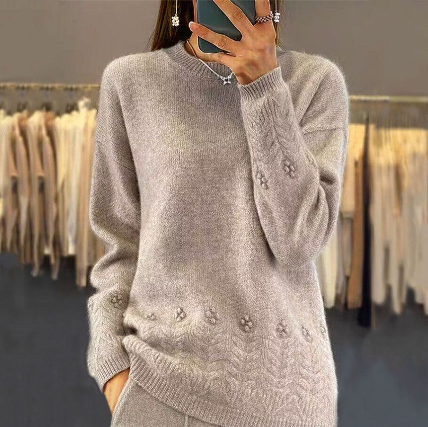 Women's Solid Color Jacquard Long Sleeve Sweater