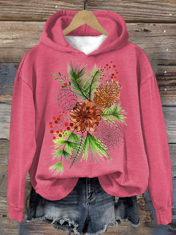 Women's Christmas Pine Nut Print Hooded Sweatshirt