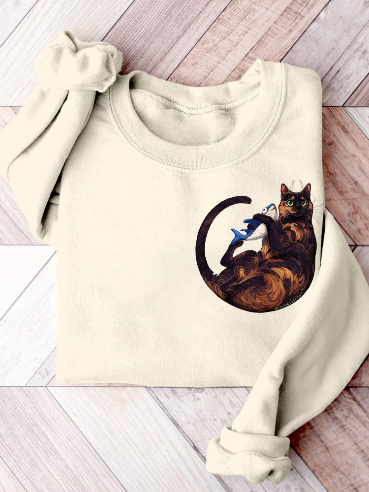 Women's Cat Print  Apricot Casual Sweatshirt