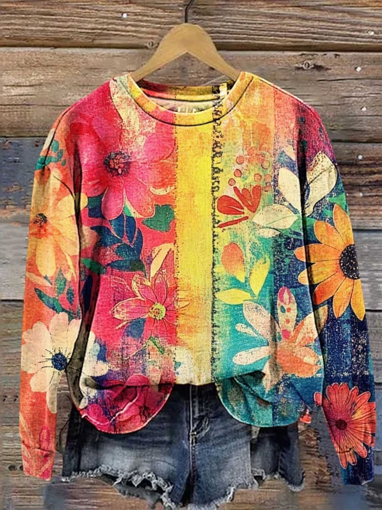 Vintage Floral Art Print Casual Sweatshirt