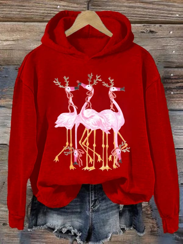 Women's Christmas Flamingo Print Casual Hoodie