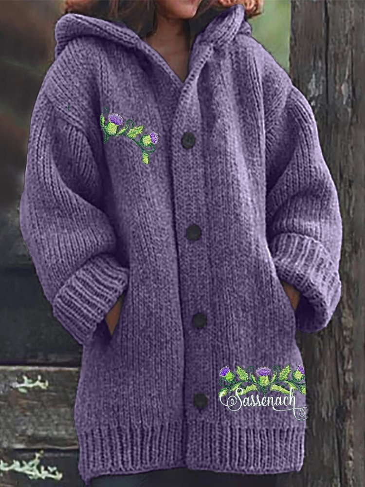 Sassenach Tv Show Thistle Embroidered Cozy Hooded Cardigan