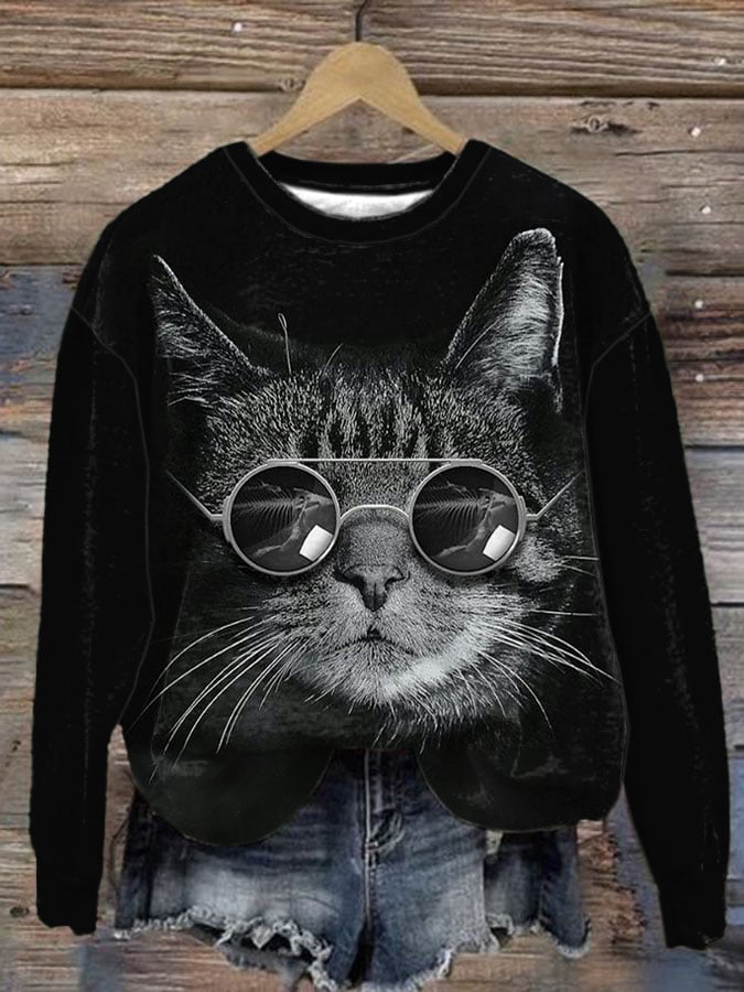 Women's Cat Print Round Neck Long Sleeve Sweatshirt