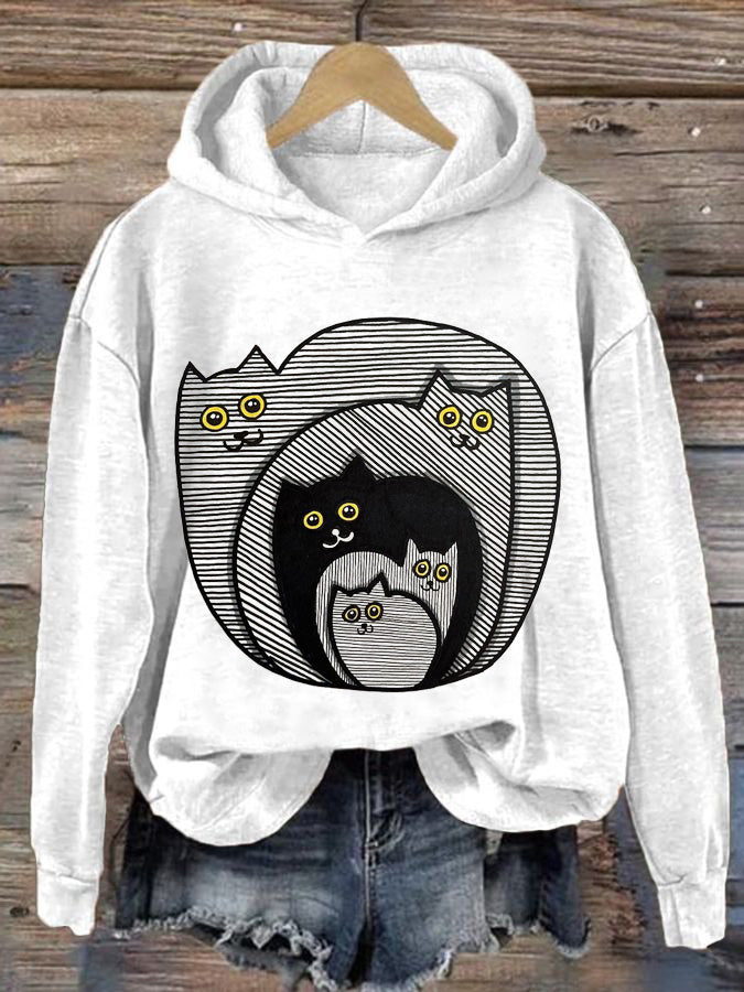 Women's Cat Print Long Sleeve Hoodie Sweatshirt