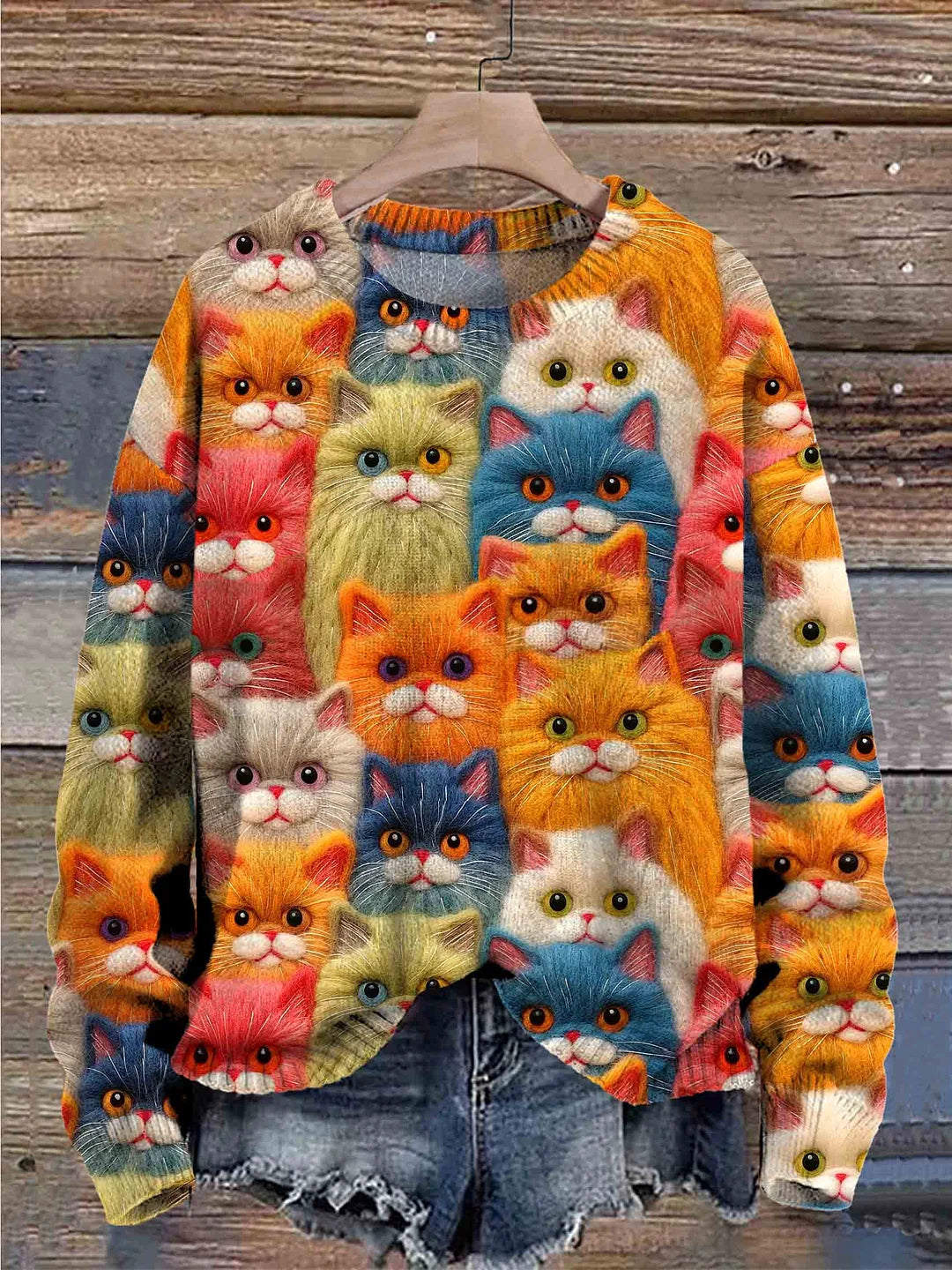 Cute Cat Print Knit Pullover Sweater