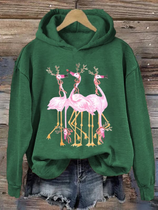 Women's Christmas Flamingo Print Casual Hoodie