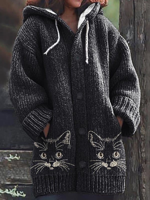 Women's Vintage Cute Cats Print Hooded Cardigan