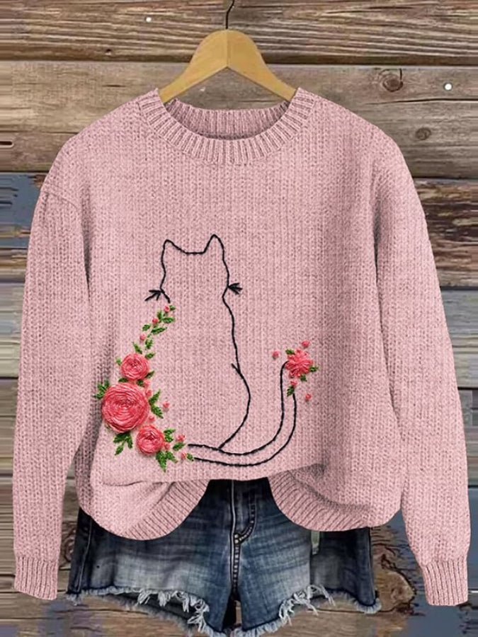 Women's Cat Floral Embroidery Art Knitted Casual Sweater