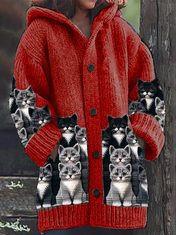 Women's Retro Cat Print Sweater Jacket