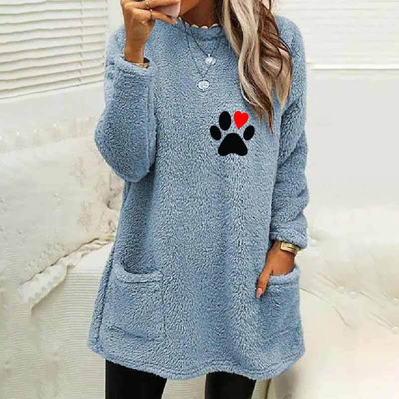 Paw Prints Plush Warm Autumn Winter Pockets Long Sweatshirt