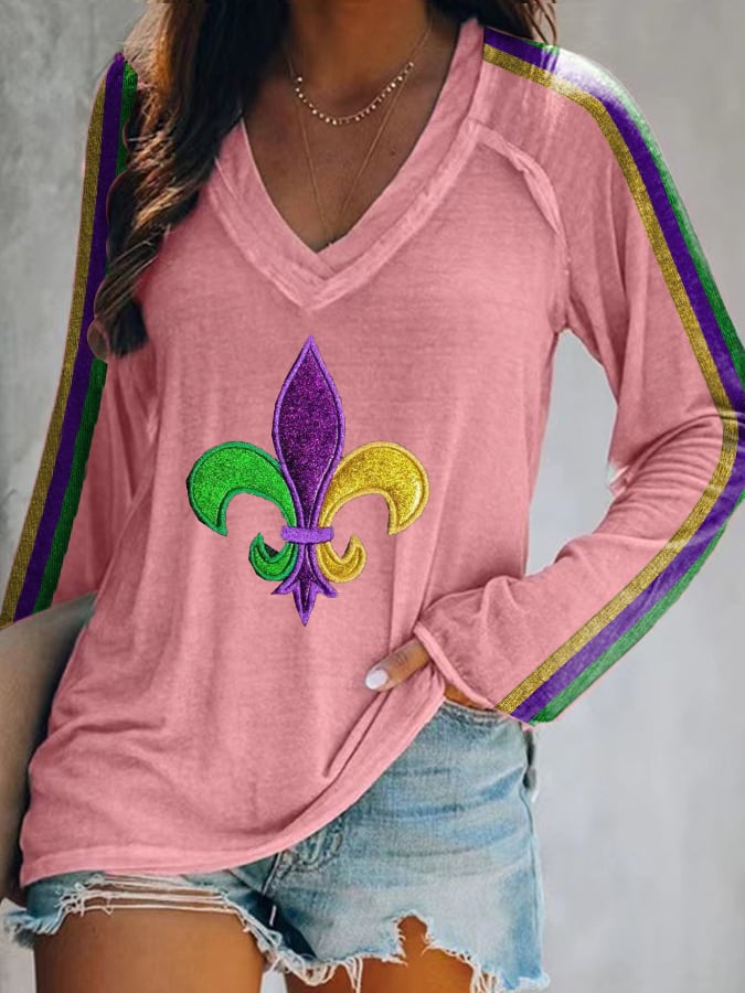 Women's Mardi Gras Print V-Neck T-Shirt