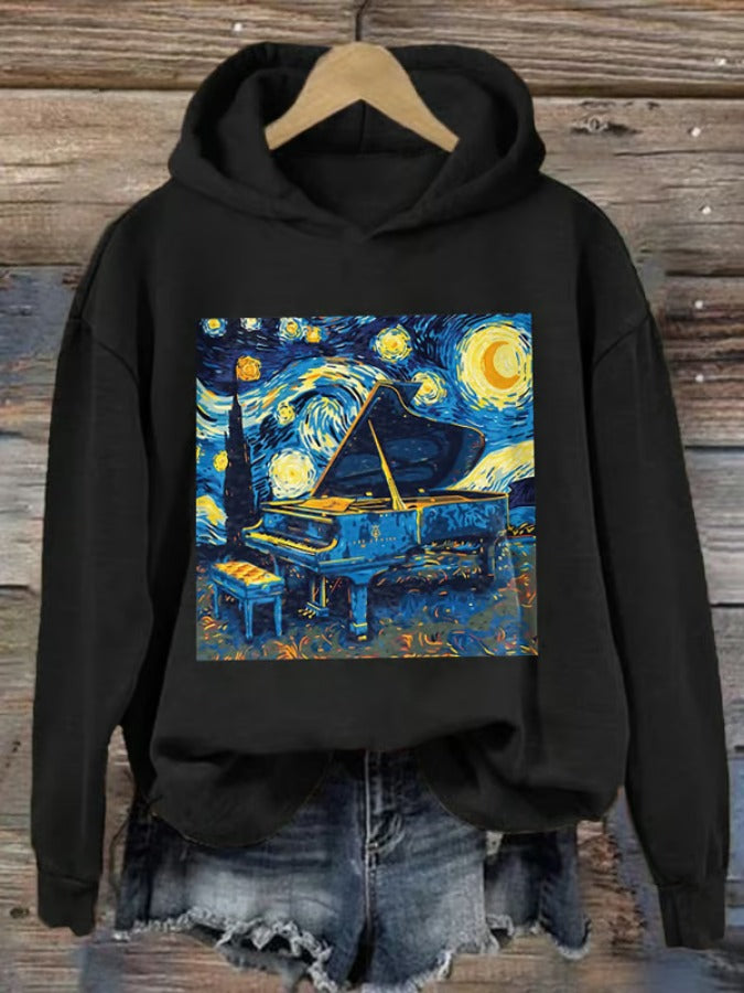 Retro Starry Night With A Musical Twist Print Hoodie