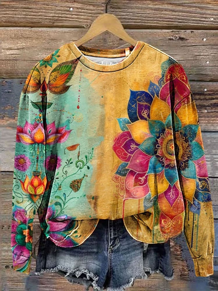 Lässiges Sweatshirt mit Vintage-Blumen-Kunstdruck und böhmischem Vintage-Stil