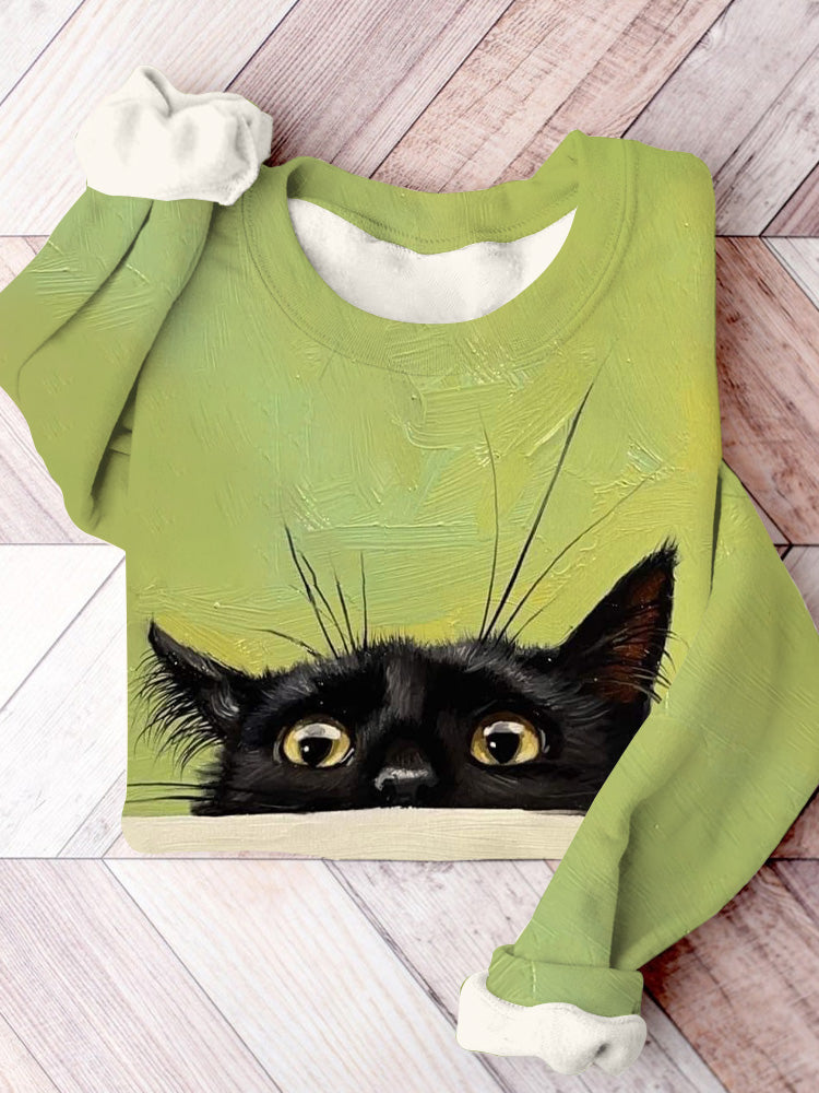 Women's Cat Print Casual Green Sweatshirt