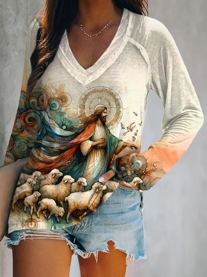 Women's Jesus The Good Shepherd Jesus With Lamb Print V-Neck T-Shirt