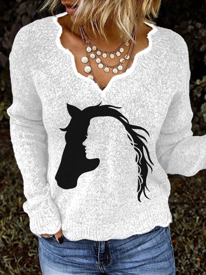 Women's Vintage Western Horse And The Girl Print Casual Sweater