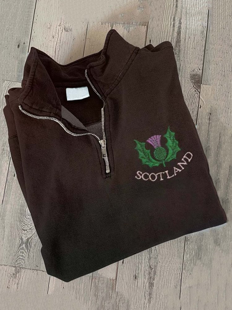 Vintage Thistle Scotland Scottish Scots Embroidered Print Zipper Casual Sweatshirt