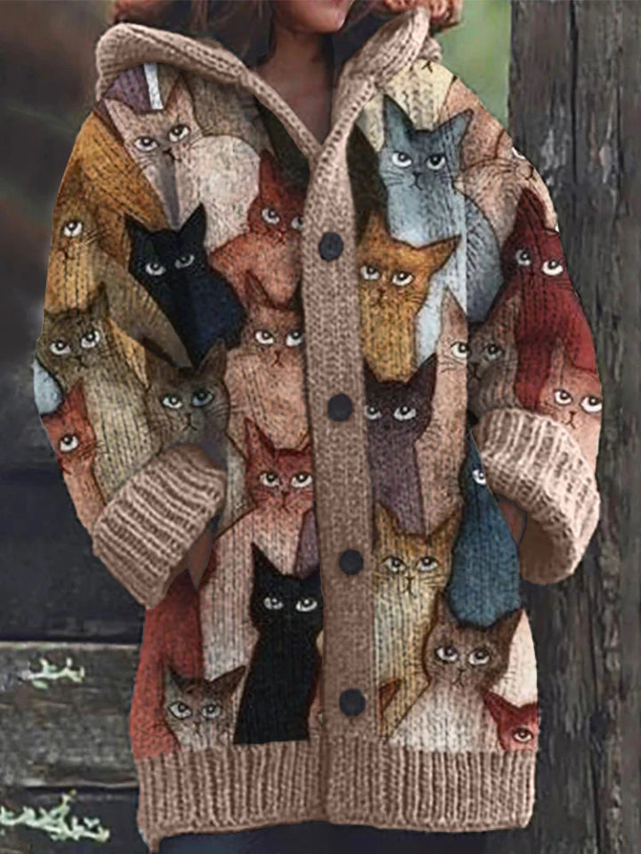 Colorful Cats Pattern Cozy Hooded Cardigan