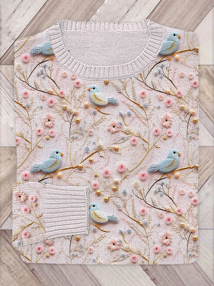 Birds & Flowers Embroidery Art Cozy Knit Sweater