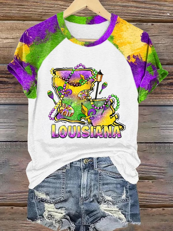 Retro Louisiana Mardi Gras Mask Beads King Cake Print T-Shirt