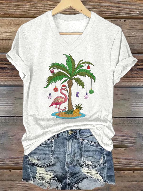 Women's Christmas Palm Tree Flamingo Embroidery Print T-Shirt