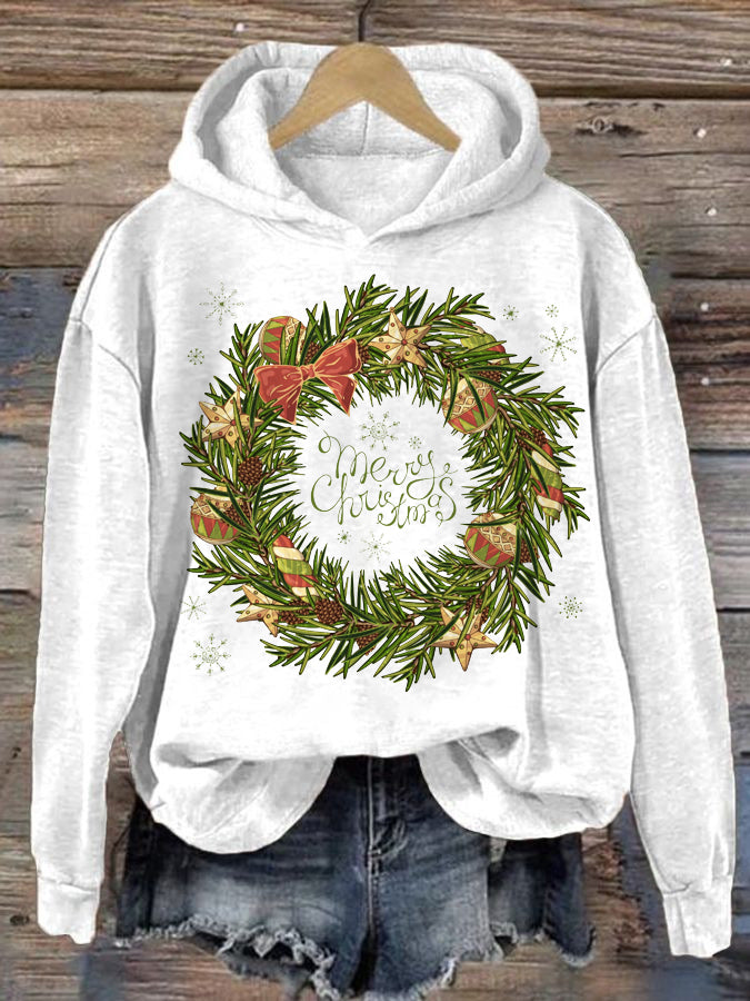 Women's Christmas Holly Print Hooded Sweatshirt