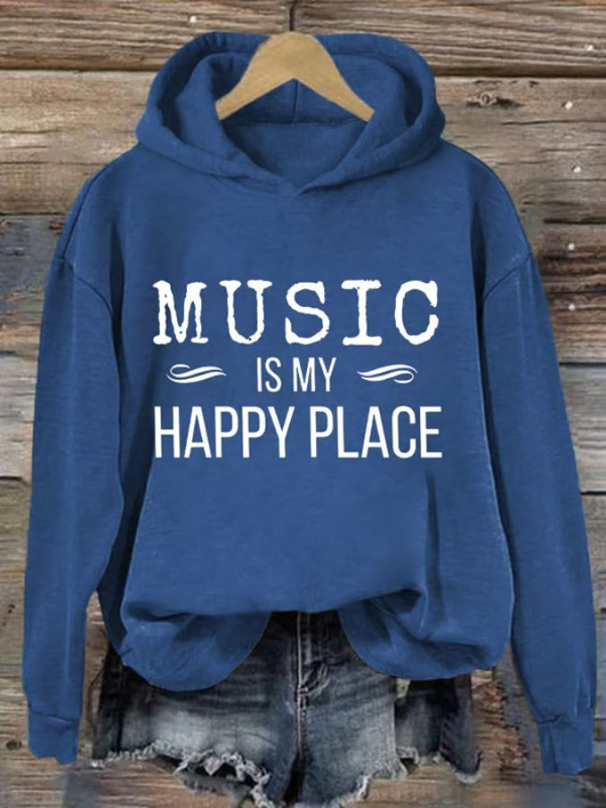 Retro Music Is My Happy Place Print Hoodie