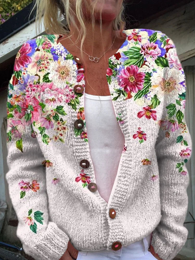 Flower Art Print Buttoned Cardigan Sweater