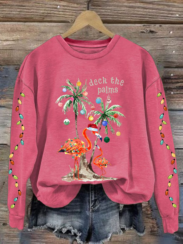 Women's Christmas Deck The Palms Printed Crew Neck Sweatshirt