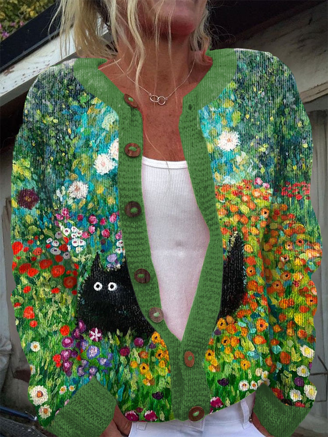 Women's Floral and Cat Oil Painting Art Cozy Knit Cardigan