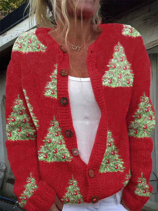 Women's Christmas Tree Print Knitted Cardigan