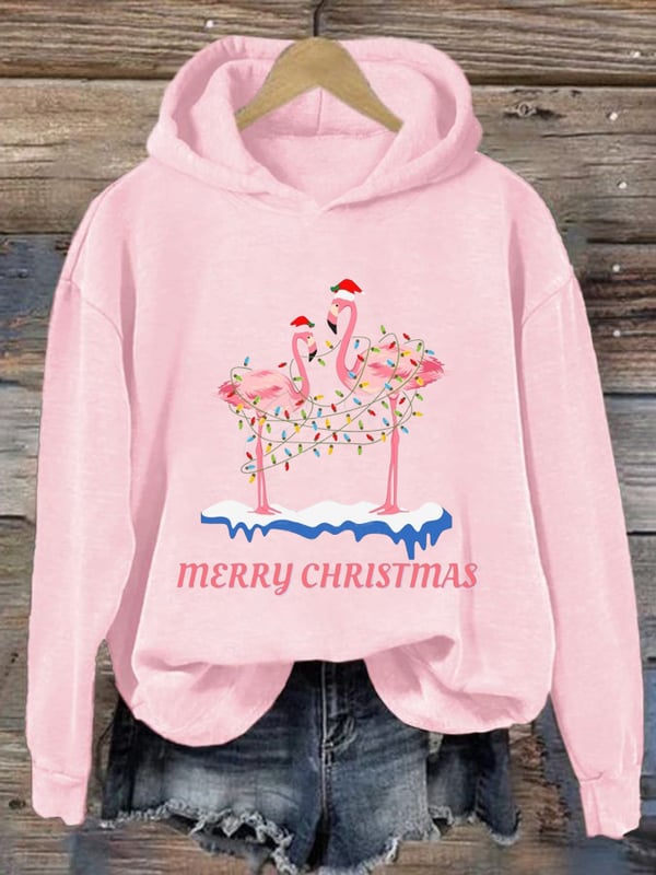 Women's Christmas Flamingo Print Casual Hoodie