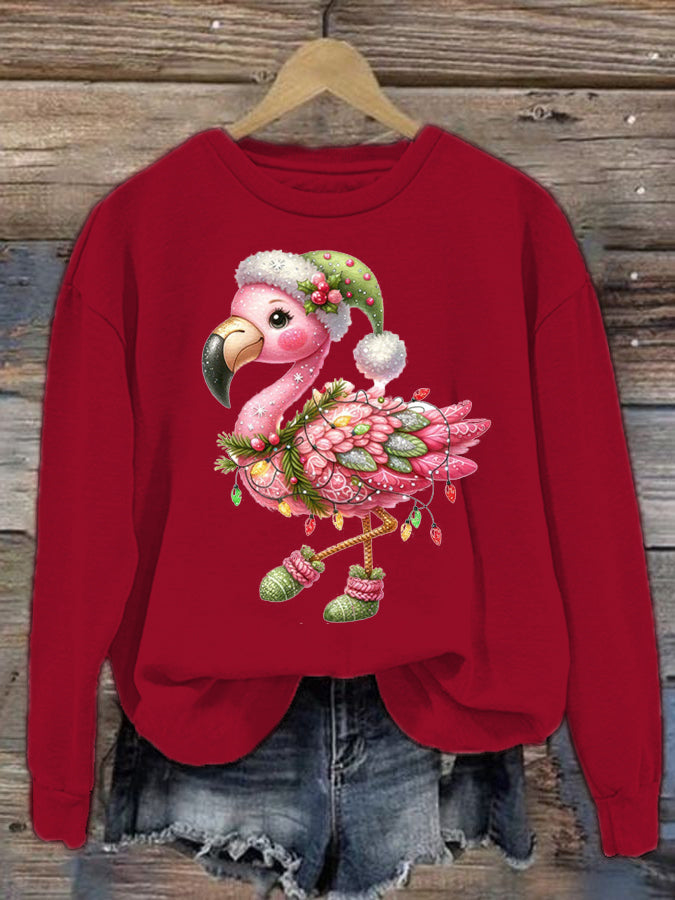 Women's Christmas Flamingo Printed Crew Neck Sweatshirt