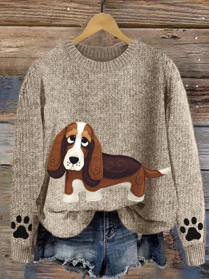 Basset Hound Dog Patchwork Paw Prints Cozy Sweater