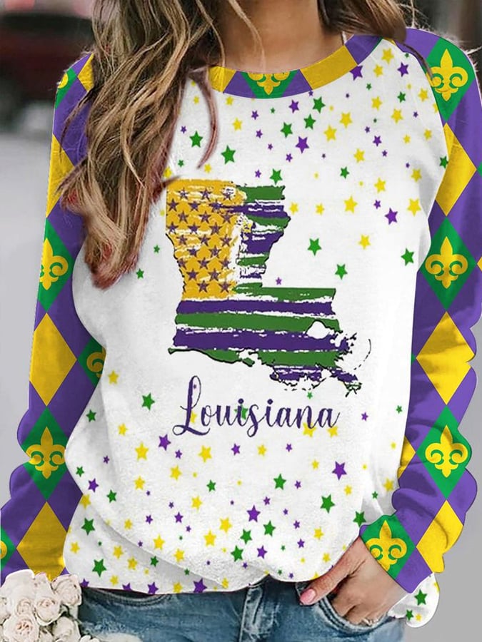 Women's Vintage Mardi Gras Louisiana Fleur De Lis Plaid Print Casual Sweatshirt