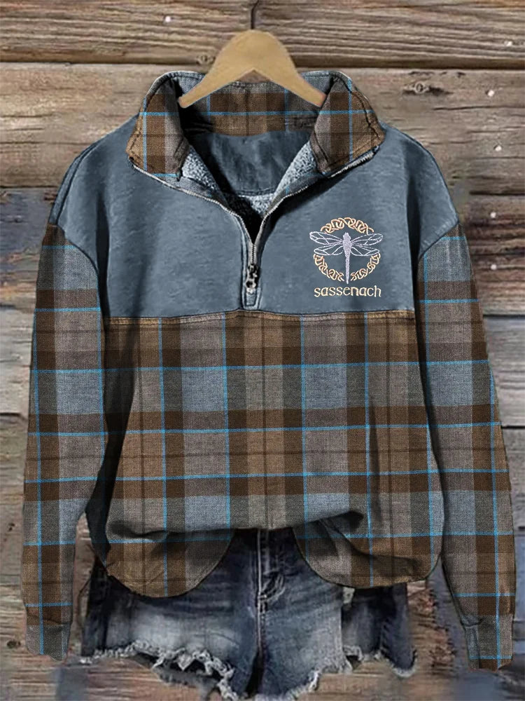 Historical Tv Show Dragonfly Embroidered Plaid Zip Up Sweatshirt