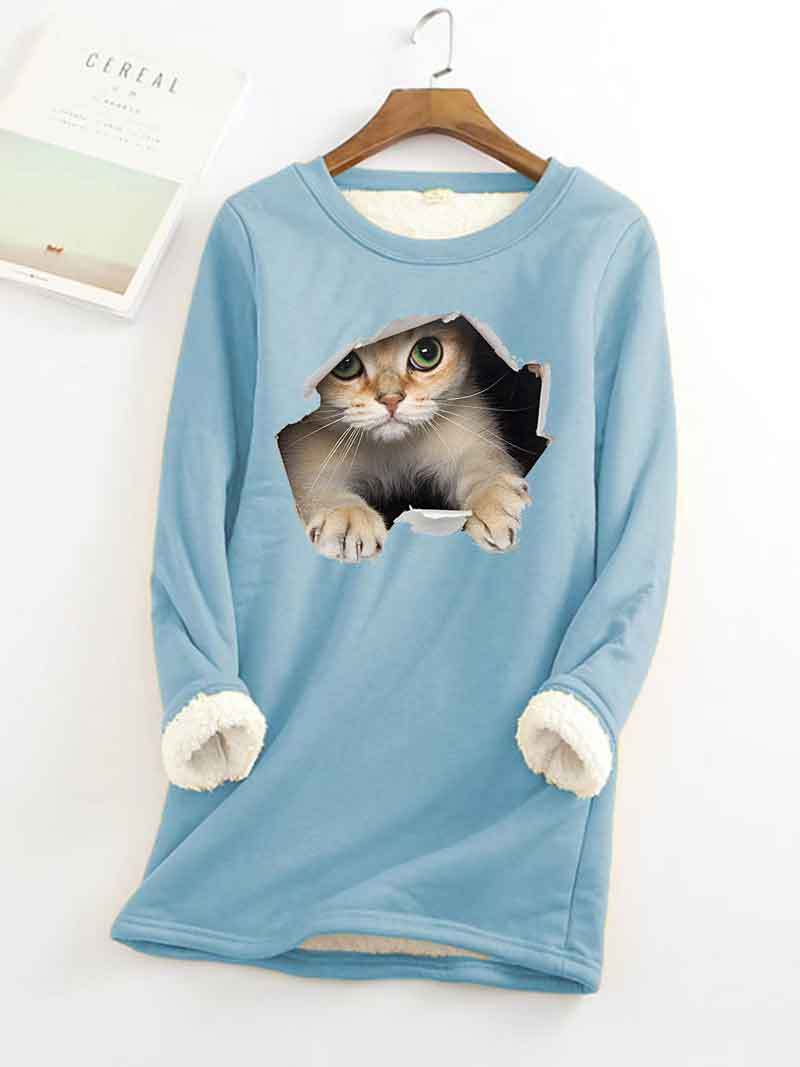 Cat Printed Thickened Fleece Warm Autumn and Winter Sweatshirt