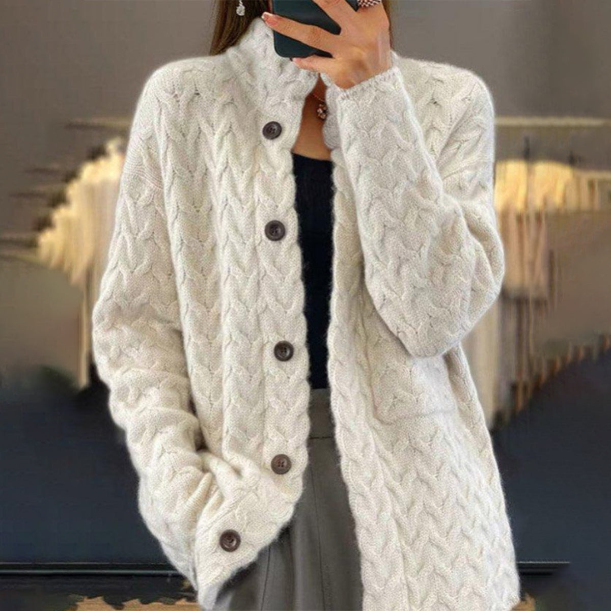 Women's Solid Color Jacquard Long Sleeve Cardigan