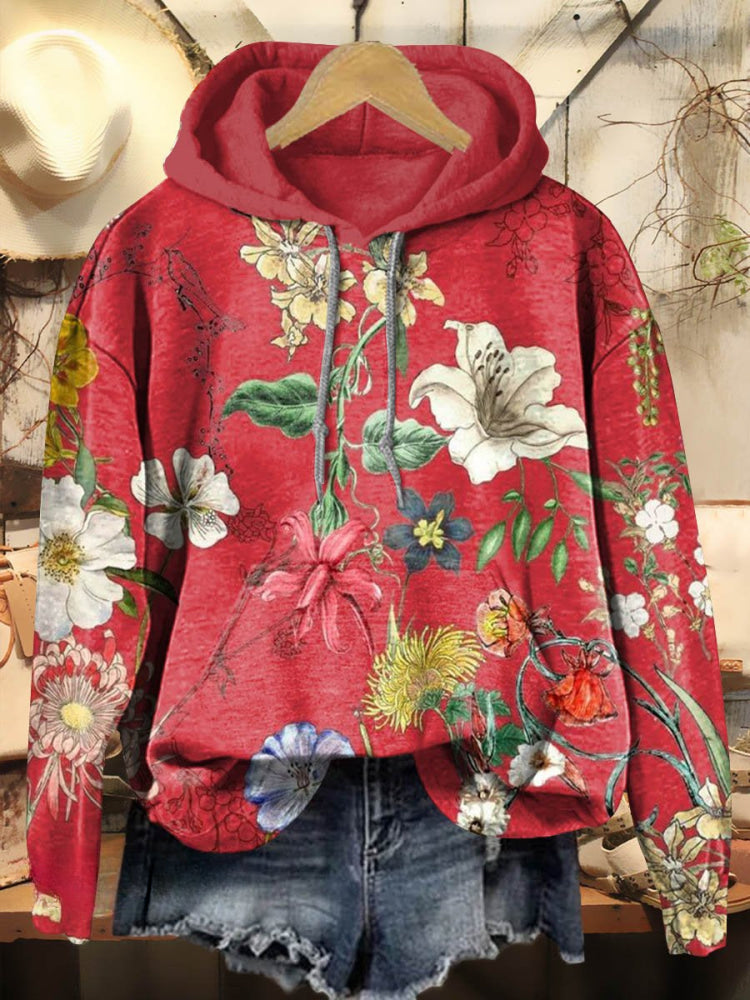 Vintage Floral Print Casual Hoodie Sweatshirt