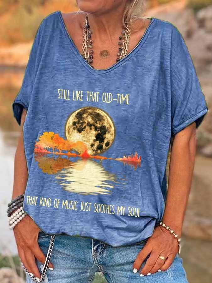 V-neck Retro Still Like That Old Time Rock 'N' Roll That Kind Of Music Just Soothes The Soul Print T-Shirt