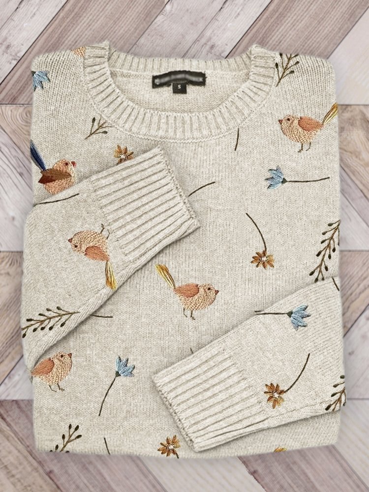 Birds Floral Embroidery Pattern Cozy Knit Sweater