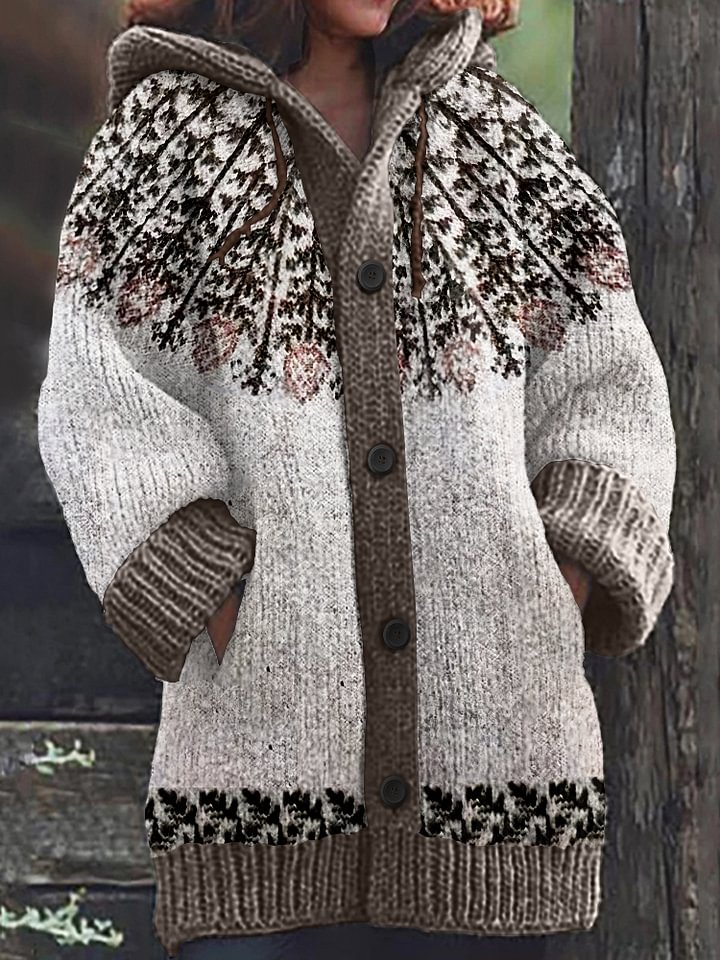 Retro Floral Contrast Jacquard Button Cozy Sweater