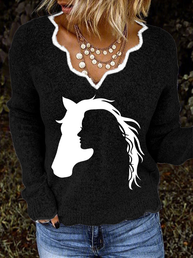 Women's Vintage Western Horse And The Girl Print Casual Sweater