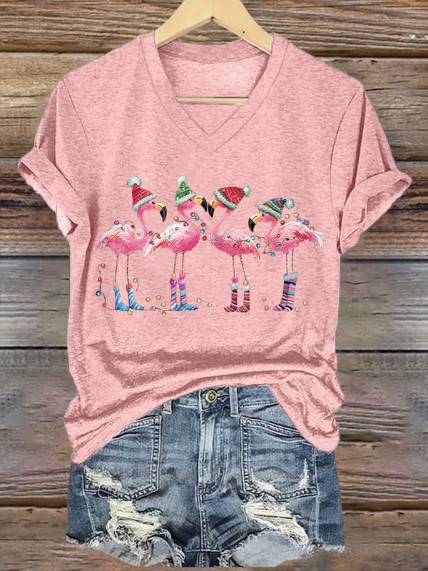 Damen T-Shirt mit V-Ausschnitt und weihnachtlichem Flamingo-Print