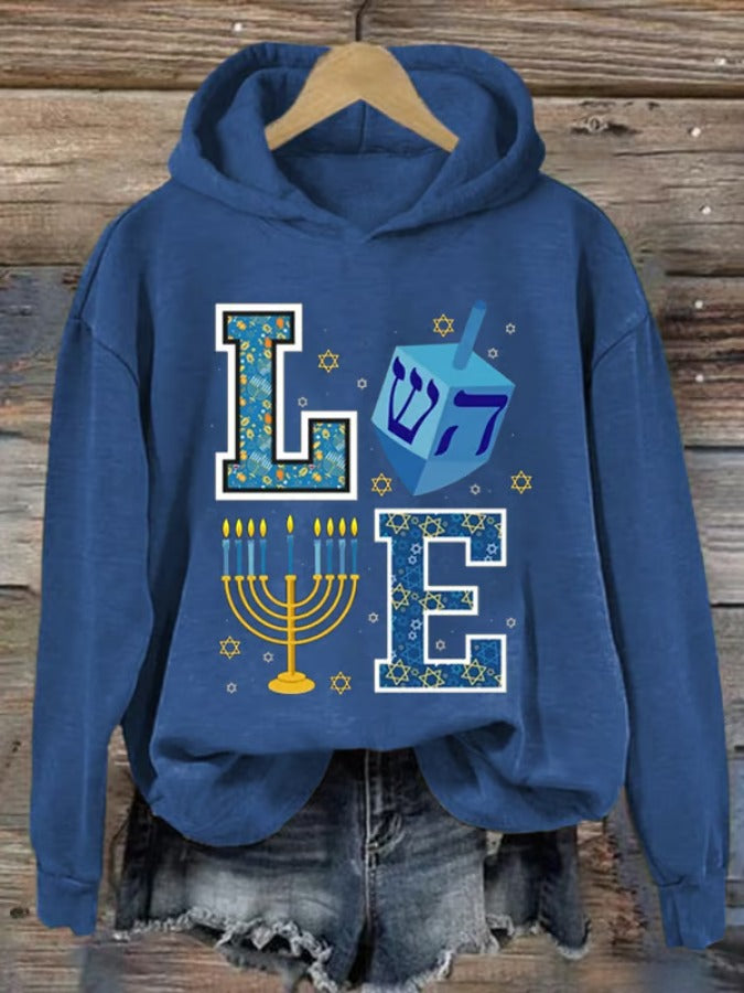 Women'S Happy Hanukkah Printed Long Sleeve Hooded Sweatshirt