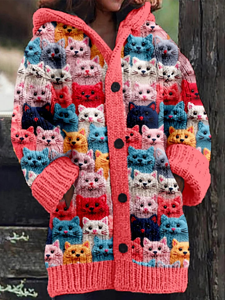 Colorful Spring Cats Pattern Cozy Hooded Cardigan